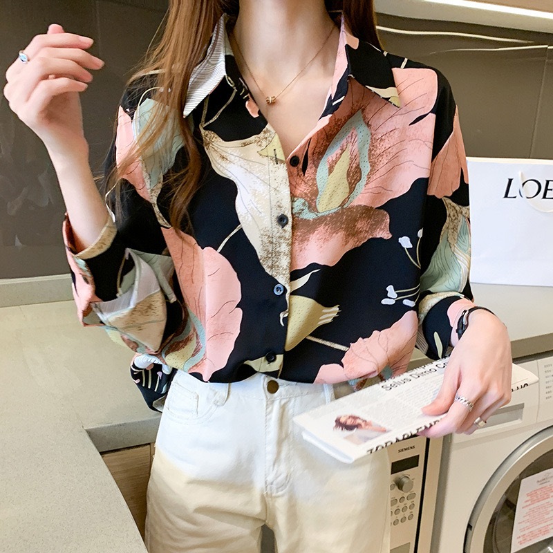 berry pinkเสื้อเชิ้ตหญิงมาใหม่แขนยาวoffice style ลายดอกไม้เสื้อย้อนยุคแฟชั่นผู้หญิงชุดใส่ทำงานเรียบๆ
