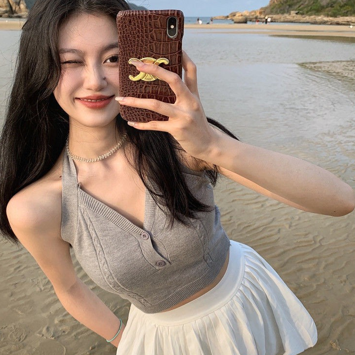 🎀พร้อมส่ง (P012) เสื้อคล้องคอคอวี สีเทา🎀