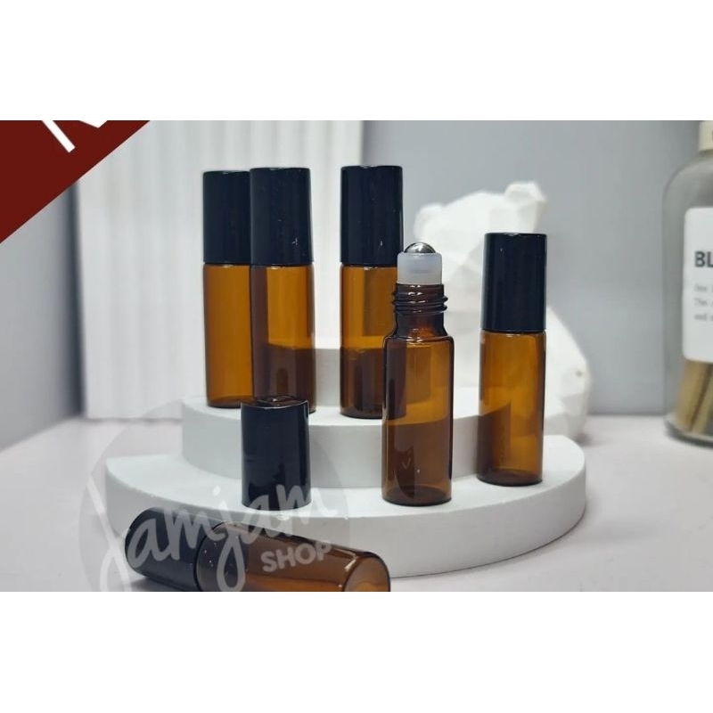 ขวดแก้วลูกกลิ้ง Glass roller bottles (ขวดสีชา-ฝาดำ3/5/10ml.)
