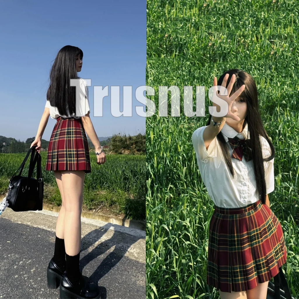 Trusnus สไตล์ญี่ปุ่น JK ชุดนักเรียน เอวสูง กระโปรงพลีท ลายสก๊อตน่ารัก กระโปรงสีแดง กระโปรงลายสก๊อต คุณภาพสูงXS-XXXL