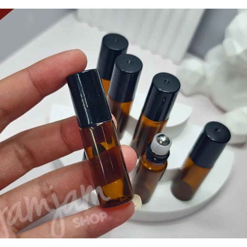 ขวดแก้วลูกกลิ้ง Glass roller bottles (ขวดสีชา-ฝาดำ3/5/10ml.)