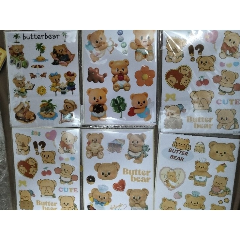 สติ๊กเกอร์หมีเนย สติ๊กเกอร์PVCกันน้ำอย่างดี แพ้คละ4แผ่นไม่ซ้ำ