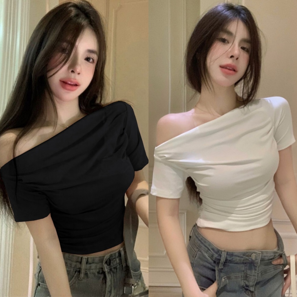 Beryl เสื้อไหล่เดียวสไตล์ฝรั่งเศสเก๋ไก๋สั้นจีบไหล่เฉียงเสื้อยืดฤดูร้อน