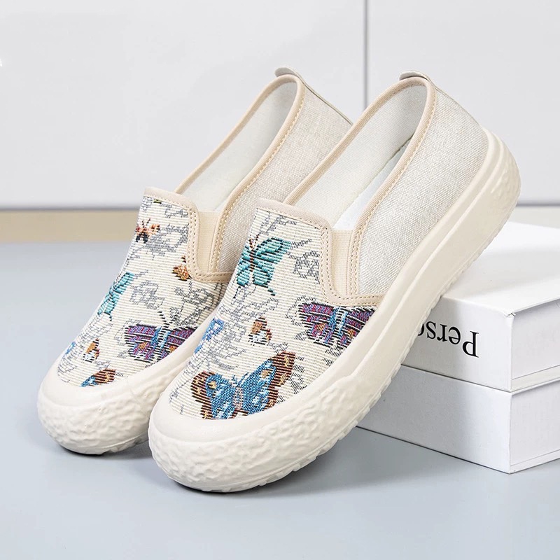 พร้อมส่ง รองเท้าผ้าใบสำหรับผู้หญิง สลิปออน ลายผีเสื้อ พื้นหนา แฟชั่นใหม่ล่าสุด รองเท้าลำลองแบบสวม ไม่เจ็บเท้า เย็นสบาย
