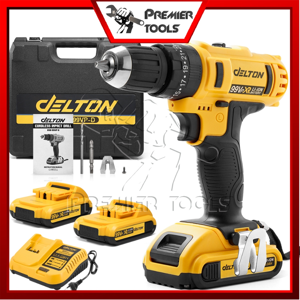 DELTON สว่านไร้สาย 3 ระบบ 99V ทรงพลัง สำหรับงานหนัก พร้อมแบตเตอรี่ 2 ก้อน ดอกสว่าน แท่นชาร์จขนาดใหญ่ รุ่น GSB-99VP-D
