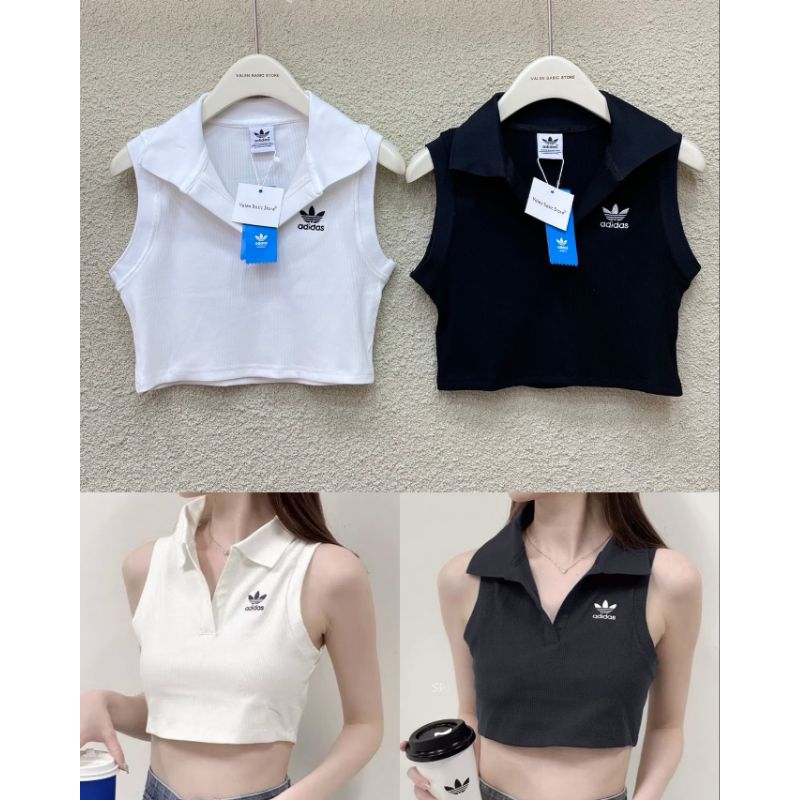 เสื้อครอปคอปก ปักโลโก้ สีขาวดำ สวยเท่ห์ แนวสปอร์ต