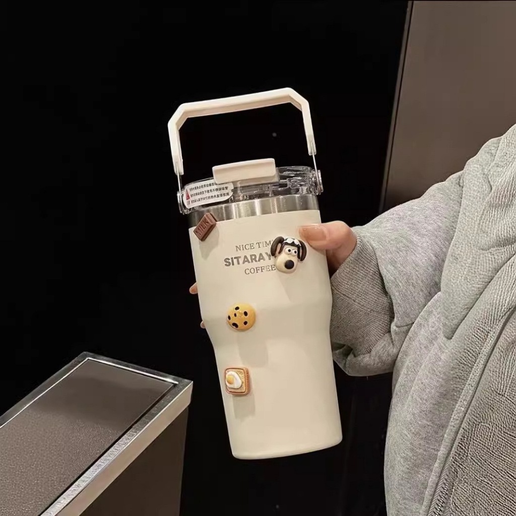 แก้วเก็บความเย็น-ร้องมี2ขนาด600ML-900MLแบบพกพาพร้อมหลอดและหูหิว(แถมสติกเกอร์ถามในรูป)