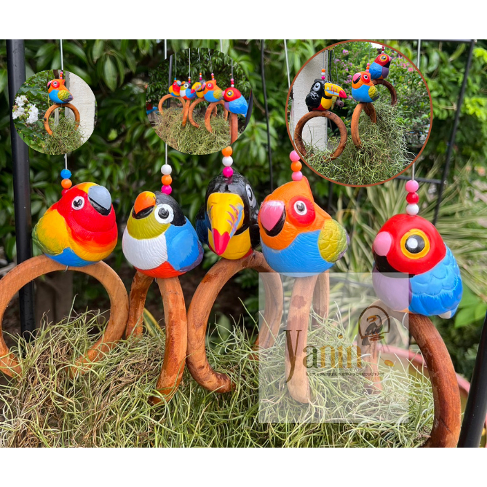 ตุ๊กตานกเซรามิก เกาะห่วงไม้สัก ใส่หนวดฤาษีห่วงใหญ่ ห่วงเล็ก(ไม่แถมต้นไม้)