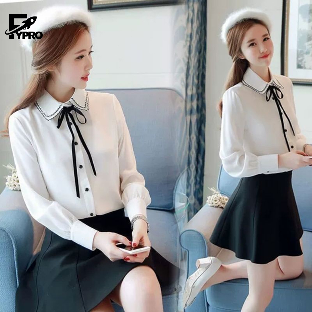 FYP เสื้อแขนยาวประดับโบว์ เสื้อคอปก น่ารักใสๆ สไตล์เกาหลี