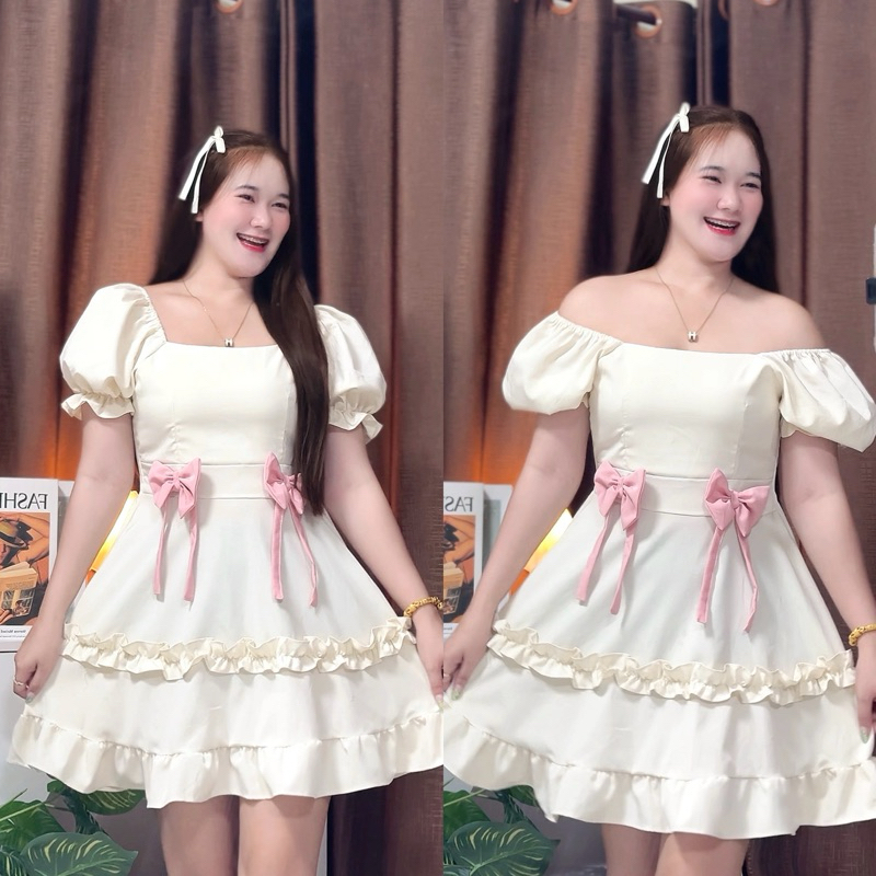 Dress bow 2 (โบว์ คู่ ) ระบายชั้นแขนตุ๊กตา อก 32-42 “