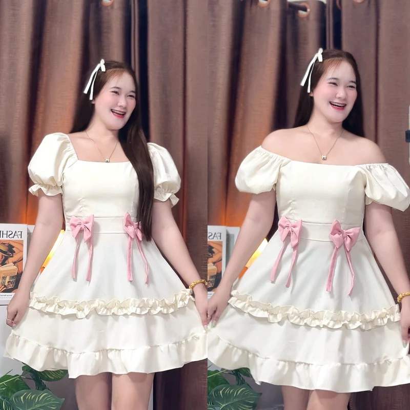 Dress bow 2 (โบว์ คู่ ) ระบายชั้นแขนตุ๊กตา อก 32-42 “