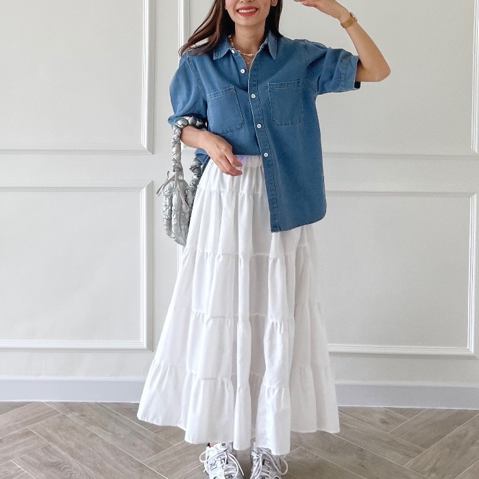 (ลด30% ลดสูงสุด 1000.- ) CHAWY Teddy Denim shirt C4571 เสื้อเชิ้ตยีนส์ เสื้อยีนส์ผู้หญิง