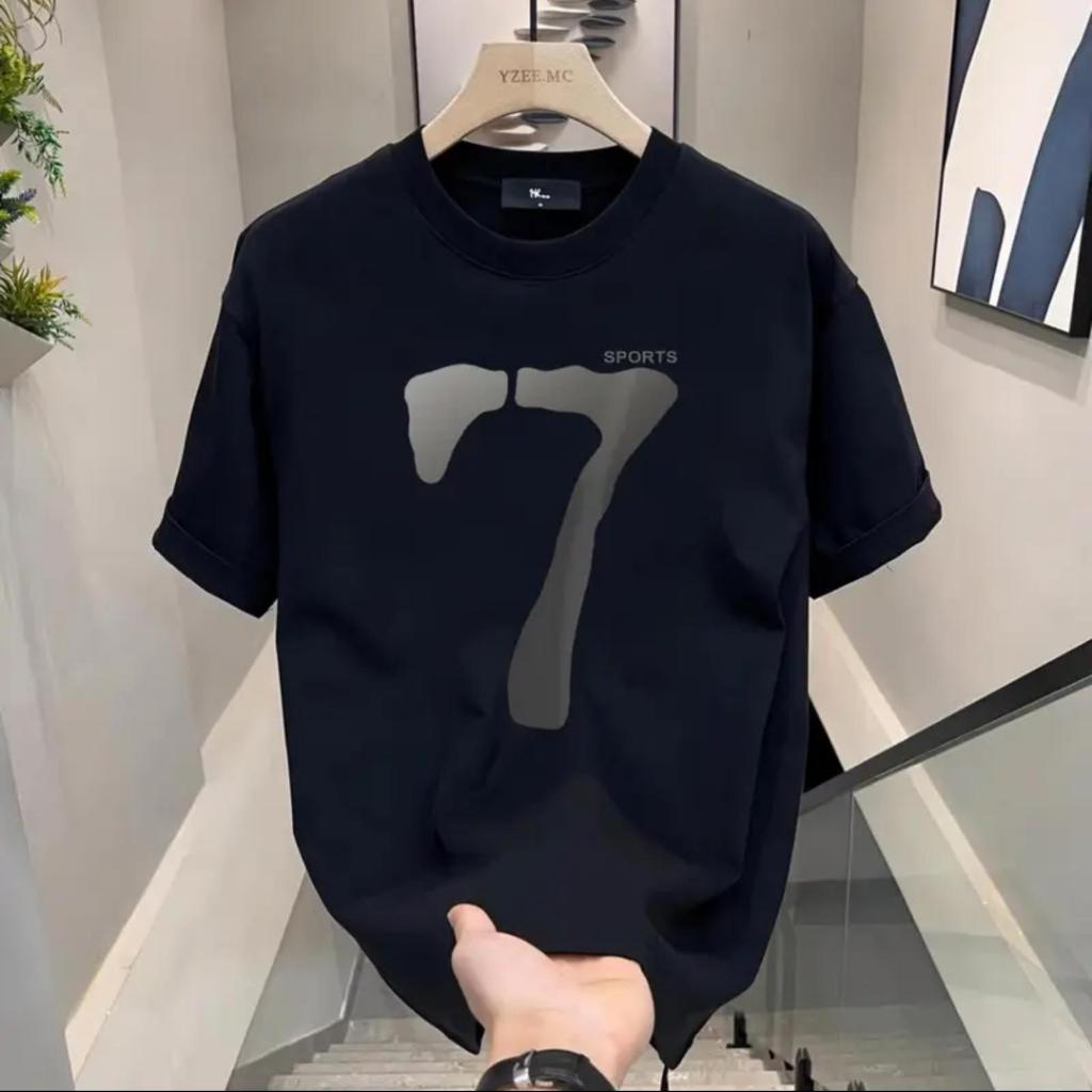 โอเวอร์ไซส์สไตล์เกาหลีสไตล์ลำลองเรียบง่ายเสื้อยืดแขนสั้นคอกลมพิมพ์ด้วยลวดลายตัวเลข"7"ผ้ามีความนุ่มสบายราคายุติธรรม【VT】