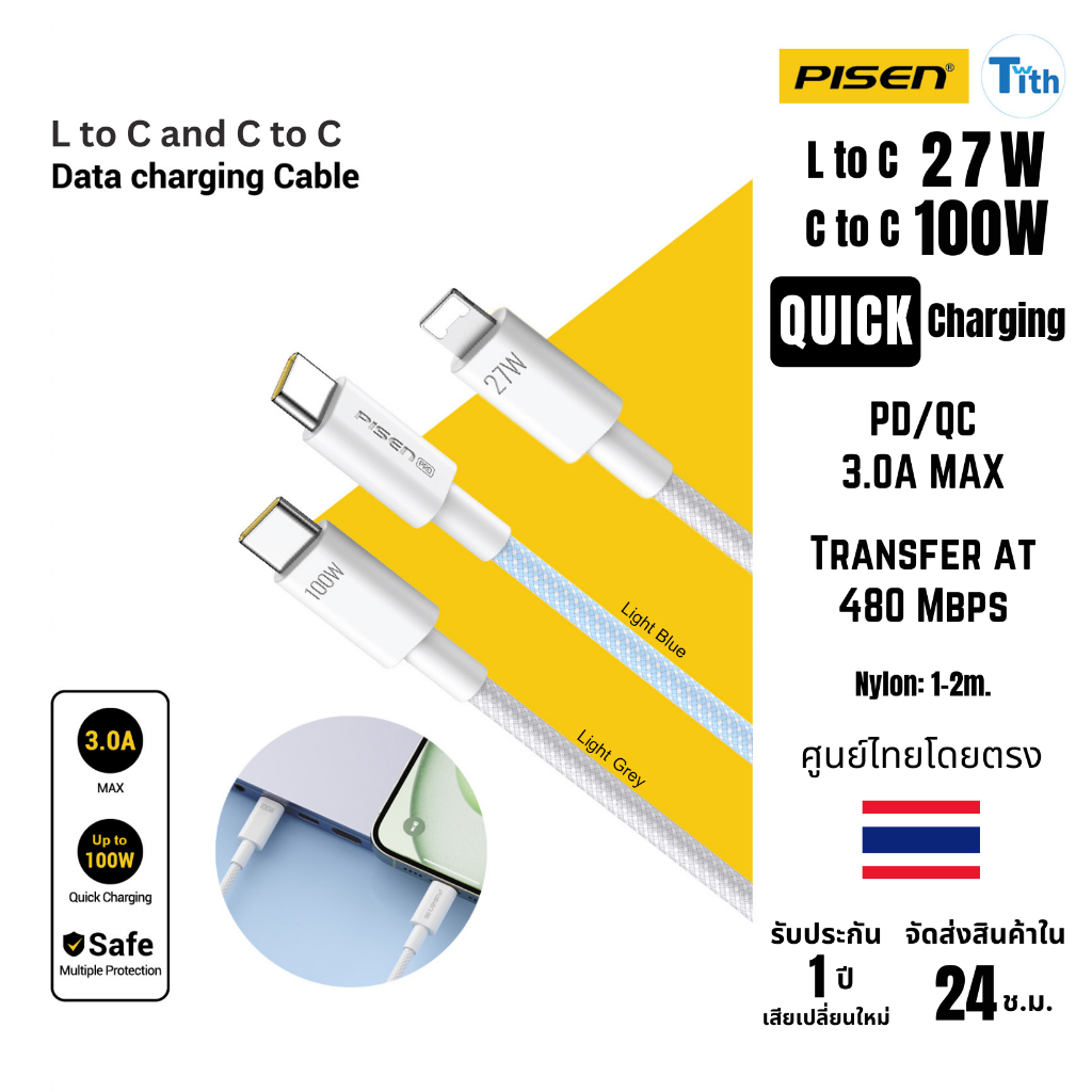 PISEN สายชาร์จเร็ว PD Type-C to L 3A 27W และ C to C 100W สายดาต้า สําหรับ iP 16 Pro Max S24 Ultra