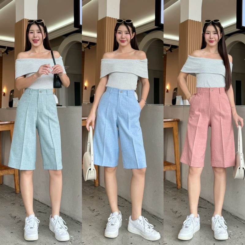กางเกง4ส่วนเอวสูงซิปหน้ามีกระเป๋าทรงกระบอกผ้าโซดาM-3XL