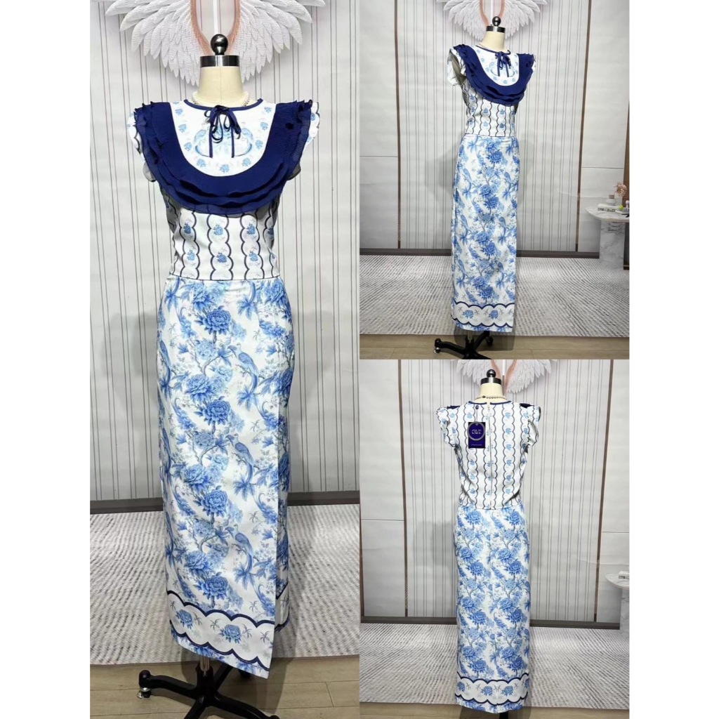 CLT ชุดไทยสีน้ำเงินกรม set 2ชิ้น เสื้อแขนกุดแต่งระบายอก มีเชือกผูกคอ + กระโปรงสำเร็จรูป ป้ายหน้า ผ่า