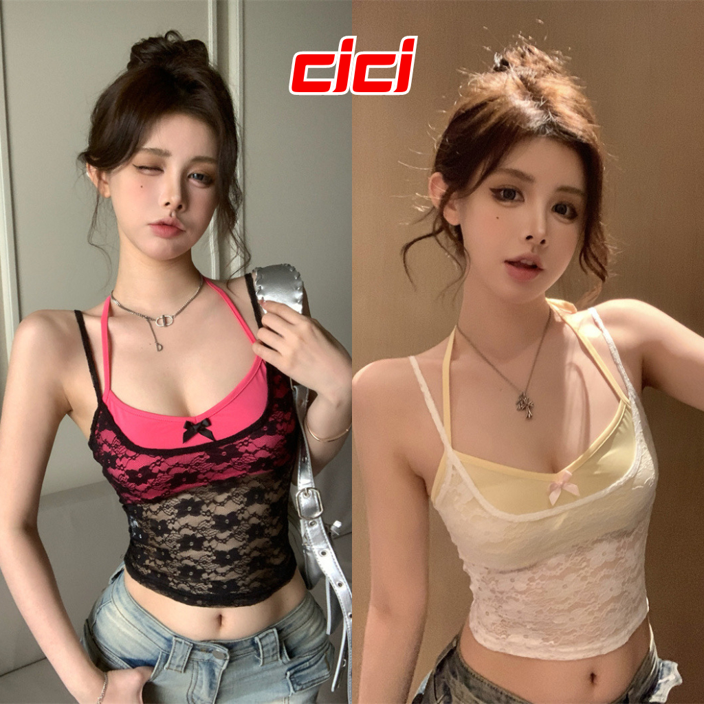 ส่งทันที Cici(NO. J1210) Set2ชิ้น สายเดี่ยวคล้องคอ+สายเดี่ยวลูกไม้ซีทรู ดีเทลเย็บติดกัน สุดแซ่บ สายฝอห้ามพลาด