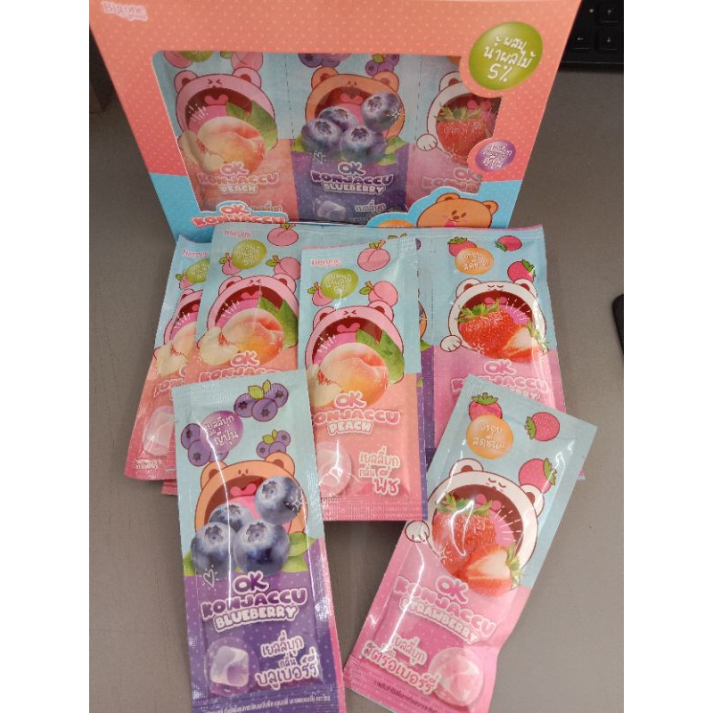 โอเค คอนยัคคุ เยลลี่ OK Konjaccu Jelly กลิ่นพีช บลูเบอร์รี่และสตรอเบอร์รี่(1กล่อง 36ชิ้น)