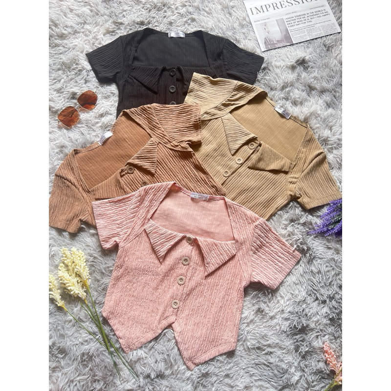 Alodie เสื้อครอปแขนสั้น แต่งปกหน้าอก ชายแหลม ลดล้างสต็อก