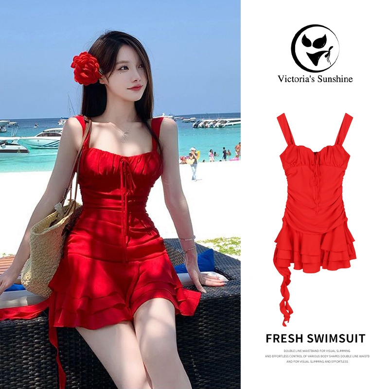 Victoria's Sunshine ชุดว่ายน้ำวันพีช ชุดว่ายน้ำกระโปรง รุ่นใหม่ โชว์หลัง ชุดสูทสีแดง#0376