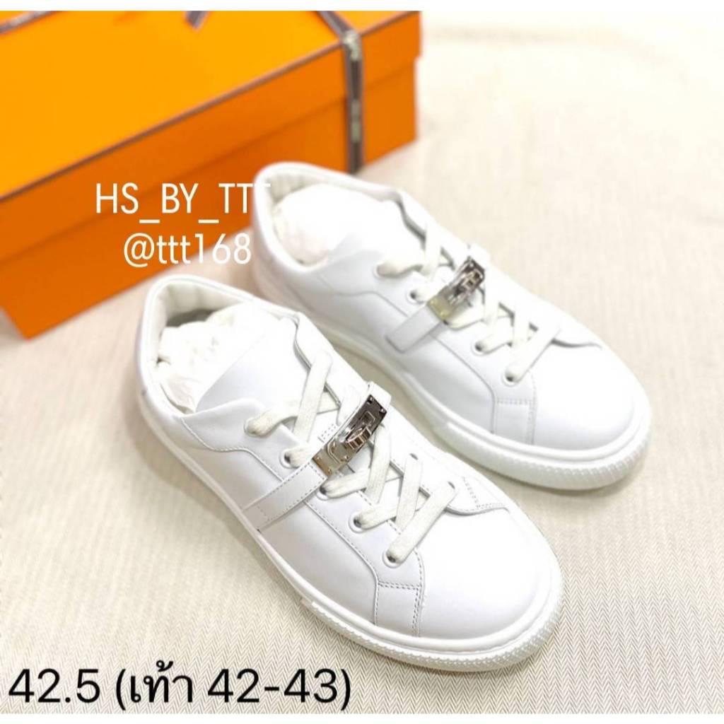 Hermes Day Sneaker + Kelly Buckle Men Trainer รองเท้าผ้าใบผู้ชาย หนังสีขาว SIZE 42
