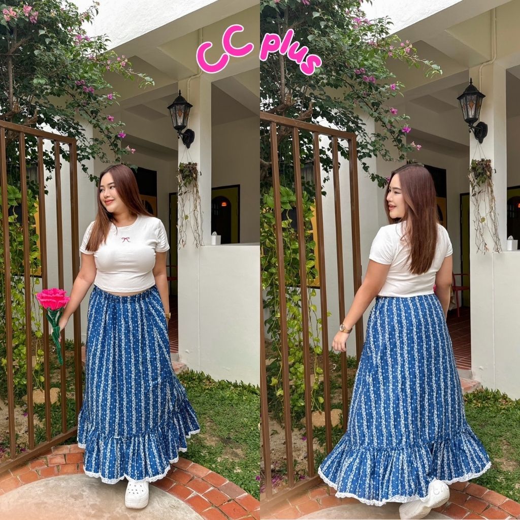 CiCi Plus+ (628) กระโปรงยาวลายริ้ว เอวสม๊อคดีเทลต่อชายแต่งระบาย สไตล์สาวหวาน เหมาะสำหรับสาวพลัสไซส์