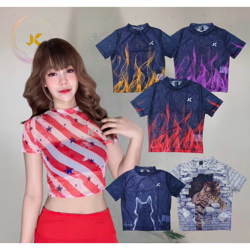 เสื้อแขนสั้นใส่วิ่ง ใส่ออกกำลังกายทรงครอปสั้นผ้าซีทู#เสื้อวิ่งพิมพ์ลาย