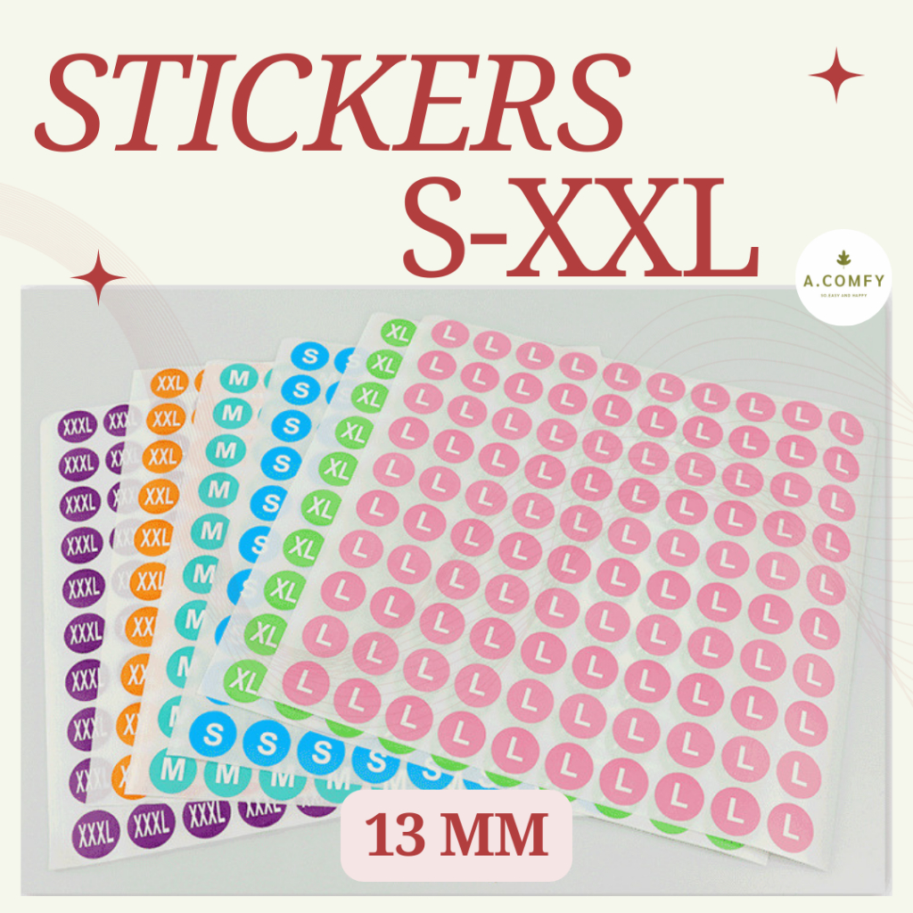 สติ๊กเกอร์ไซส์เสื้อผ้า(XS-XXL) พื้นสี 100 ดวง/แผ่น ขนาด1.3cm Stickers Size color