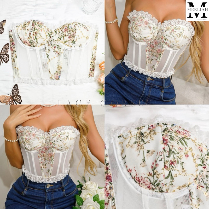 ส่งจากกทม.💗 Lace Corset เสื้อเกาะอกลูกไม้ทรงคอร์เซ็ท สีขาว ผ้าซีทรู แต่งระบาย เสื้อครอปสายฝอ เซ็กซี่