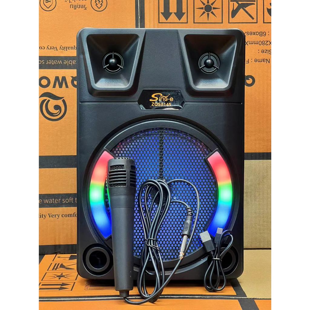 ลำโพงบลูทูธ ดอกลำโพง8นิ้ว ZQS8145 แถมไมค์สาย รองรับ AUX/T/ USB ทรงสวยมีที่ตั้งมือถือ ปรับไฟ/เสียง/วอลลุ่มได้ มีหูหิ้ว
