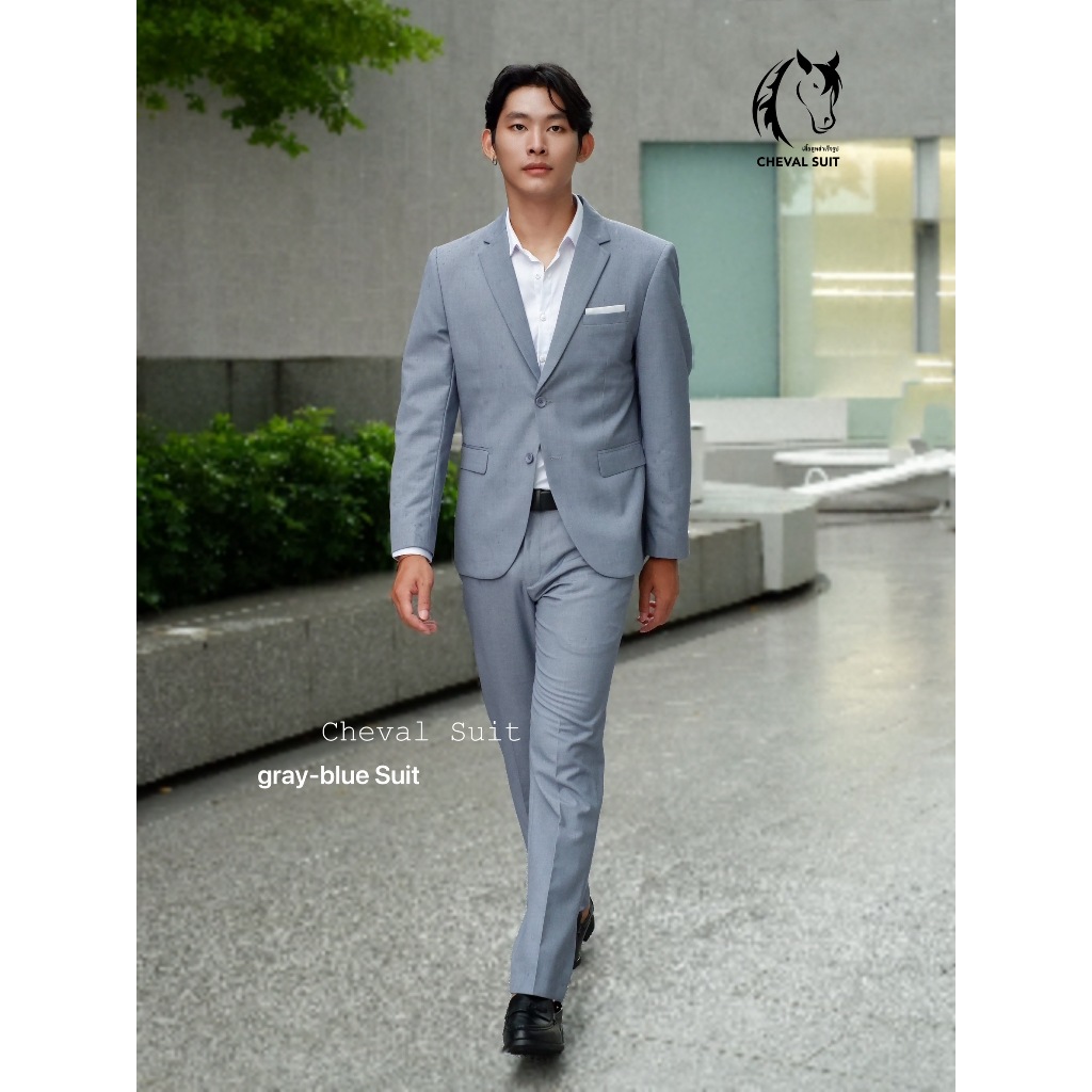ชุดสูทผู้ชายสีเทาอมฟ้า เสื้อ+กางเกง รุ่นพรีเมี่ยมกระดุม 2 เม็ด ชุดสูทใส่ทำงาน ชุดสูทผู้ชายใส่ออกงาน สินค้าพร้อมส่ง