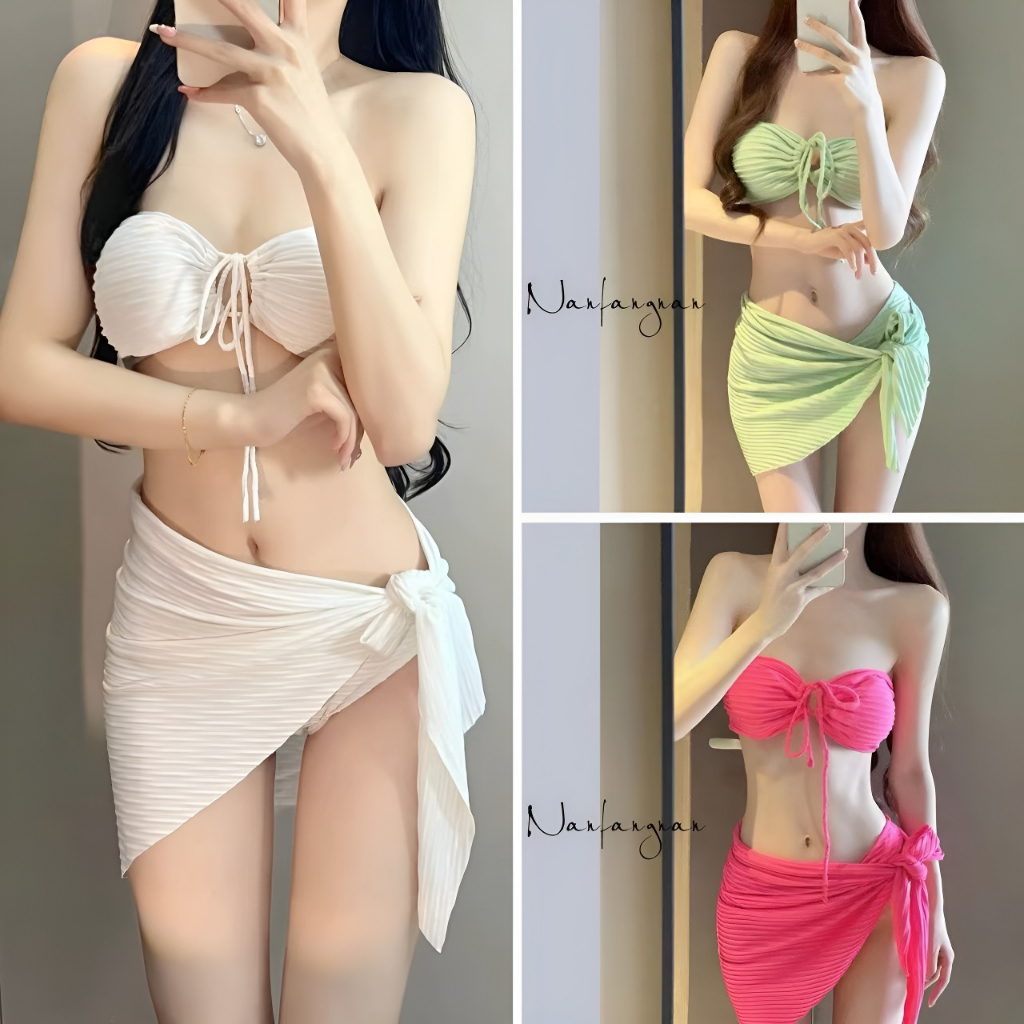 🌸Swift Bra🌸Bikini Set ชุดว่ายน้ำสไตล์เกาหลี บิกินี่ 3 ชิ้น คล้องคอกระโปรงผูกข้างทรงเข้ารูปผ้าเนื้อดี