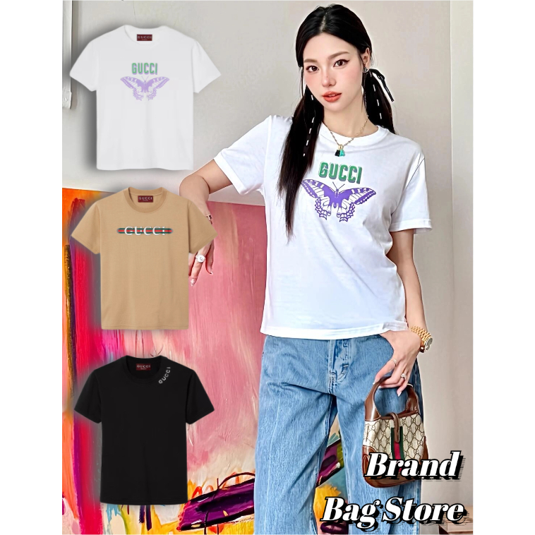 กุชชี่🍒GUCCI Gucci butterfly print cotton T-shirt🍒เสื้อยืดผู้หญิง