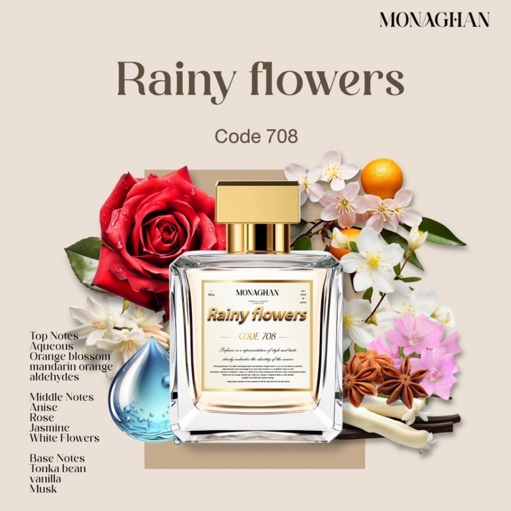 Rainy flowersCode 708 น้ำหอมunisex กลิ่นหอมหวาน คล้ายขนมไทย Monaghan Perfume โมนาฮันน้ำหอมนิชแบรนด์ไ