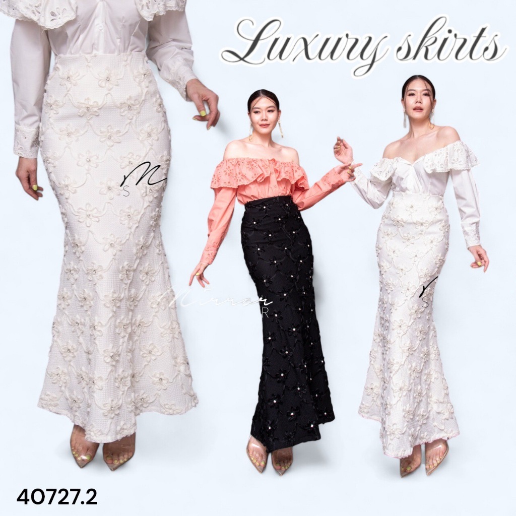 Mirrorsister 40727.2 กระโปรงยาวทรงหางปลา เนื้อผ้าทอมีความยืดหยุ่นมีtextureดอกไม้ขดๆ ใส่ได้บ่อยทุกโอกาส