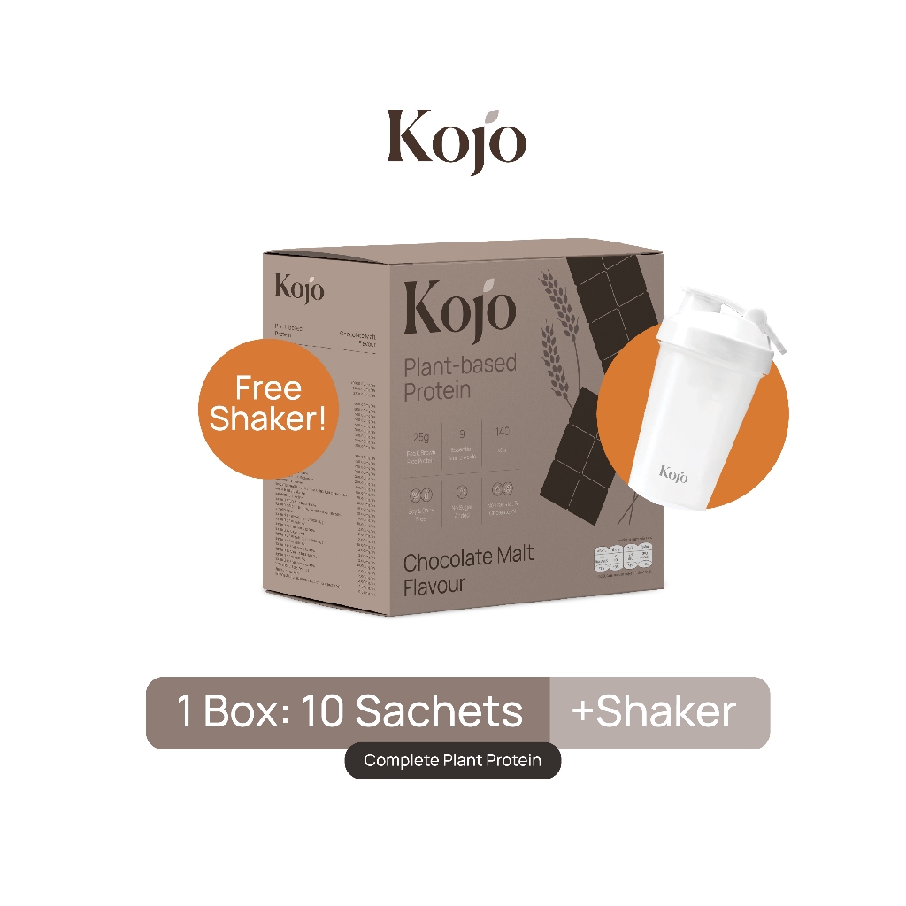 Box+Shaker Set: Kojo Plant Protein Chocolate Malt Flavour โปรตีนจากพืช รสช็อคโกแลตมอลต์ 1 กล่อง พร้อมแก้วเช