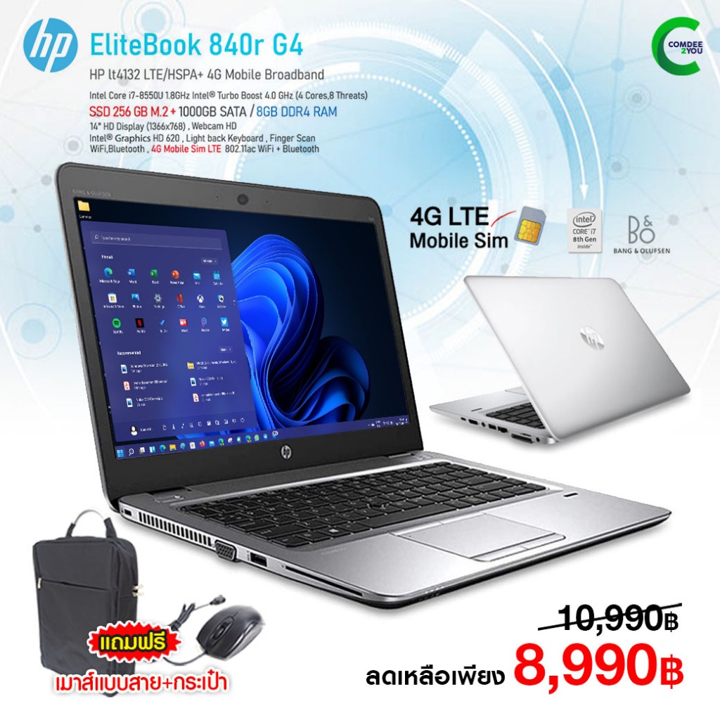 โน๊ตบุ๊ค HP EliteBook 840r G4-Core i7 Gen8 /RAM 8GB /SSD 256G+HDD 1TB /WiFi /Bluetooth /Webcam /SimC