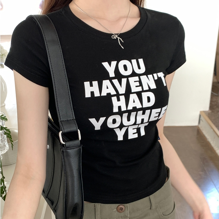 NAYIGUOJI เสื้อครอป แขนสั้น y2k สายฝอสุดๆ เสื้อครอปคอกลม