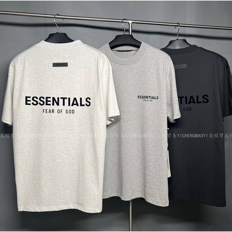 KSH FOG FEAR OF GOD 20SS Essentials Tee โลโก้ boxy เสื้อยืดแขนสั้นสองบรรทัดที่มีการพิมพ์ออฟเซตบนหน้าอก