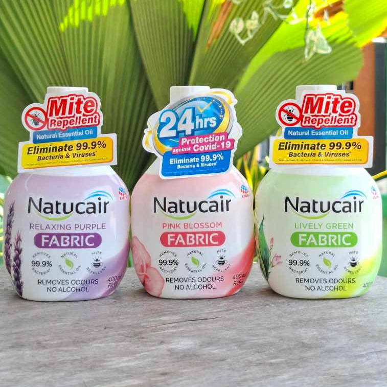 ขวดรีฟิล 3กลิ่นพร้อมส่ง เนเชอแคร์ แฟบริค สเปรย์กำจัดและป้องกันไรฝุ่น99.9%ฆ่าเชื้อCV ขนาด400 มล. NATUCAIR