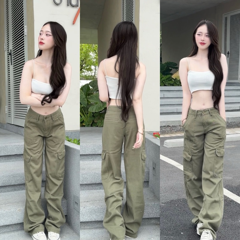Cargo Jeans คาร์โก้สีเขียวขี้ม้า * สไตล์เอวต่ำ ผ้าไม่ยืด กางเกงยีนส์คาร์โก้ B473