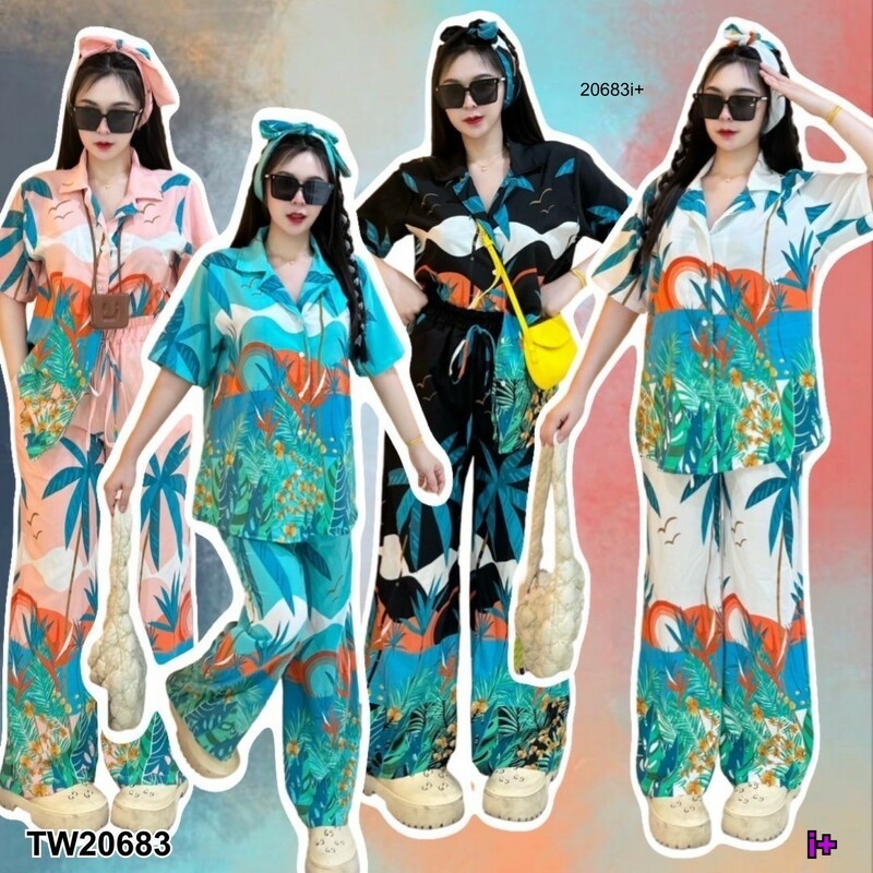 TW20683 Set 3 ชิ้น เสื้อปกฮาวาย + กางเกงขายาว + สายผูกโบว์