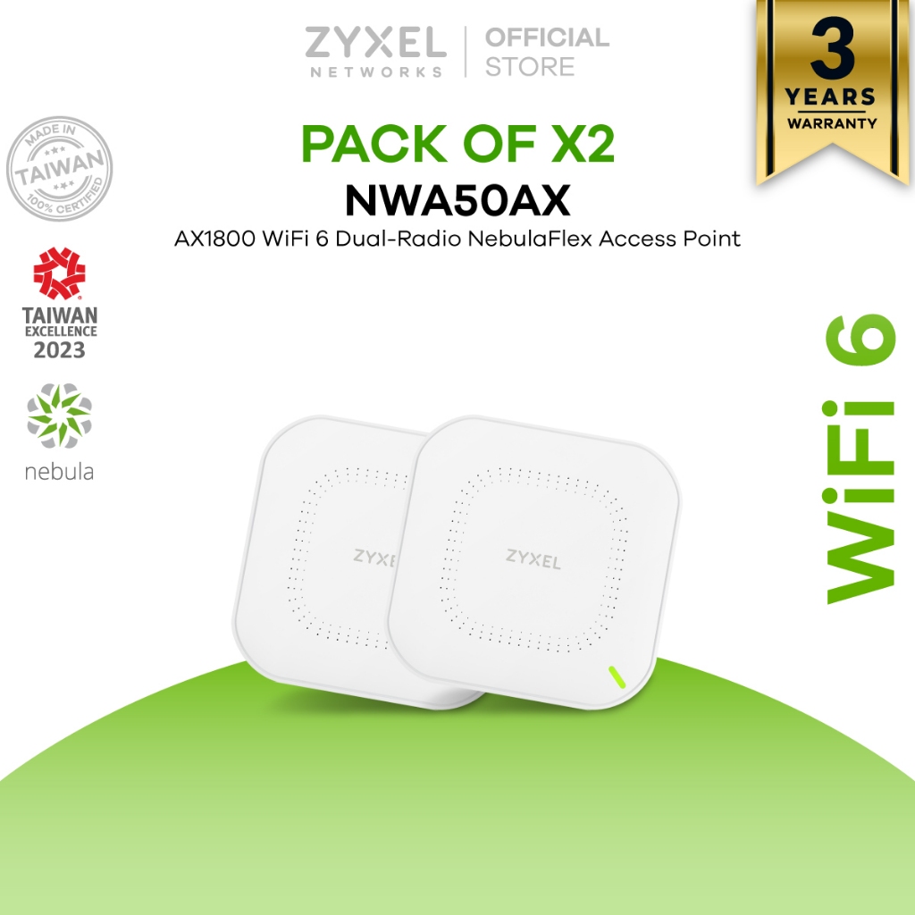 ZYXEL NWA50AX แพ็ค 2 ตัว ตัวขยายสัญญาณ WiFi 6 AX1800 Access Point รองรับ GbE PoE และมี Free Cloud