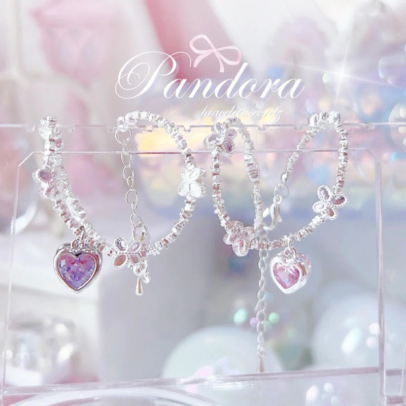 ลด80฿🪞 New ~ Pandoraa 🎀🩷โค้ดหน้าร้าน🎀🩷 สร้อยข้อมือผีเสื้อชุบเงินแท้ หัวใจ ชมพู ม่วง (135) เครื่องประดับ