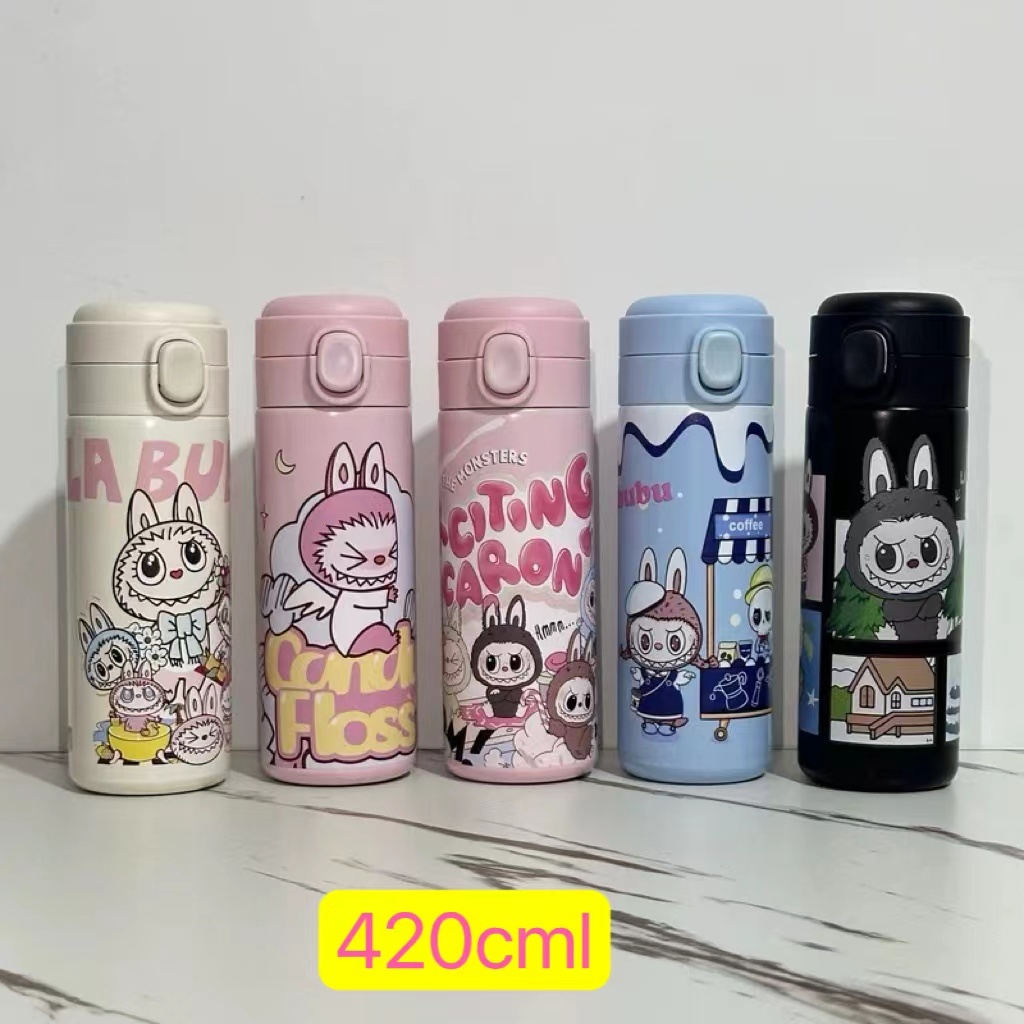 ขวดน้ำ มีหูหิ้ว วัสดุสแตนเลส 304 แถมหลอด 420ml เก็บความร้อนความเย็น LL420