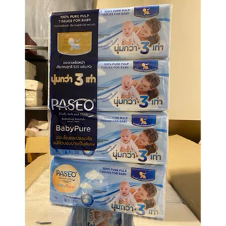 กระดาษเช็ดหน้า Paseo Baby Pure หนานุ่ม 3 ชั้น 1หิ้ว มี 4 ห่อ อ่อนโยนปลอดภัยสำหรับลูกน้อย