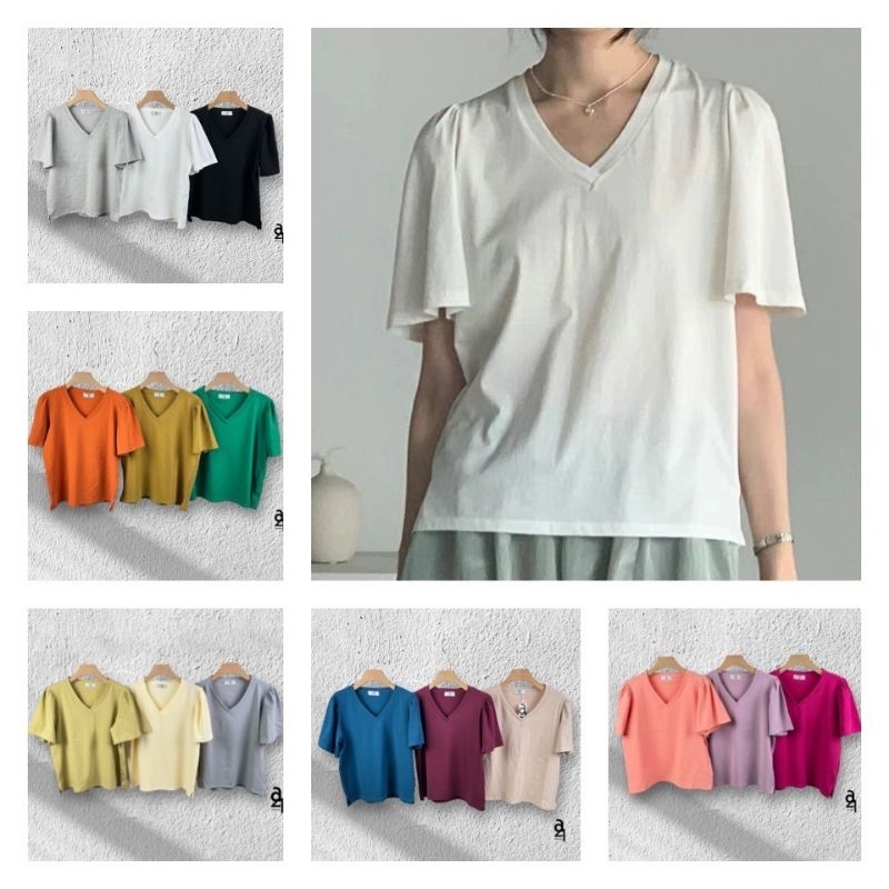 A21เสื้อยืดแขนระฆัง คอวีไขว้ผ่าข้าง ผ้าcotton ทรงน่ารักงานป้าย