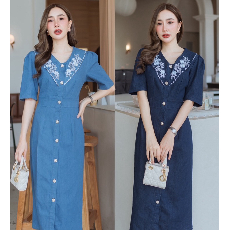 170 เดรสยีนส์ยืดฟอกคอปกปักลายดอกแต่งกระดุมมุก