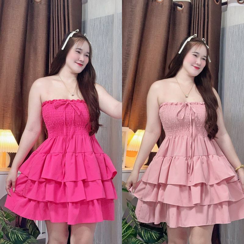 ซื้อ Dress สม็อคอกผ้าครัช ระบายชั้น อก 32-45 ( T-01 ) 🩷