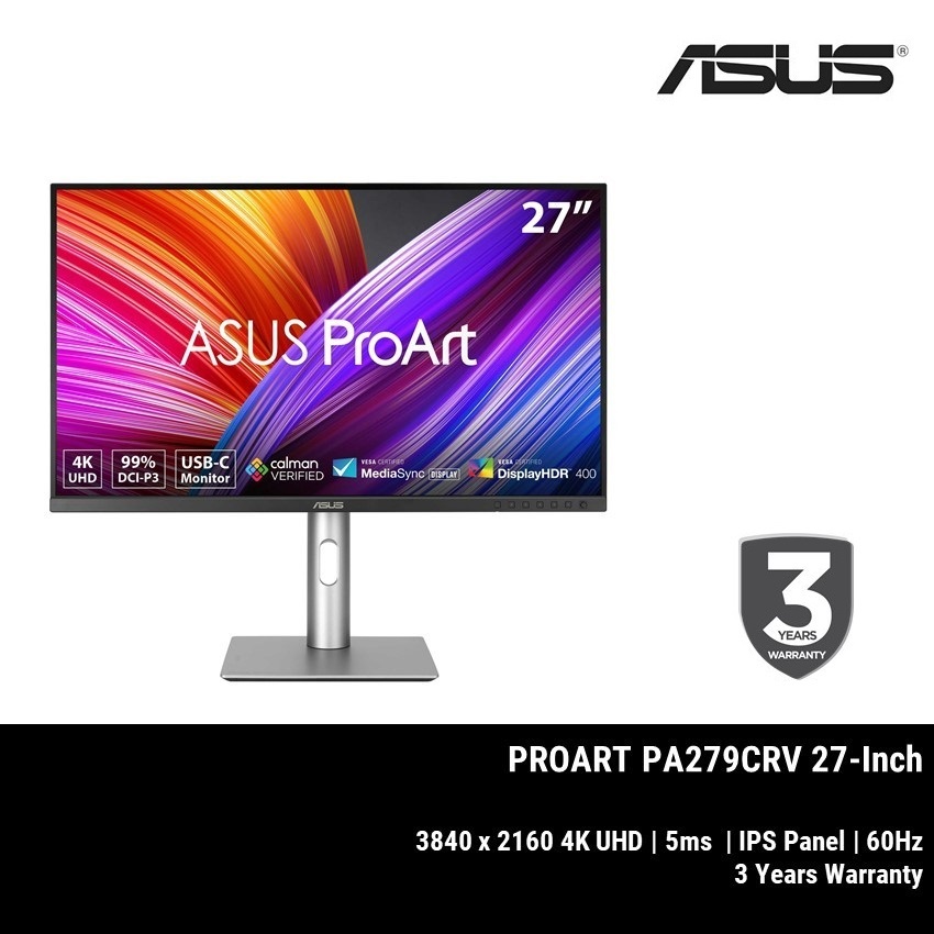 ASUS ProArt Display 27” 4K HDR Professional Monitor (PA279CRV) - IPS, UHD (3840 x 2160), 99% DCI-P3/Adobe RGB, USB-C PD